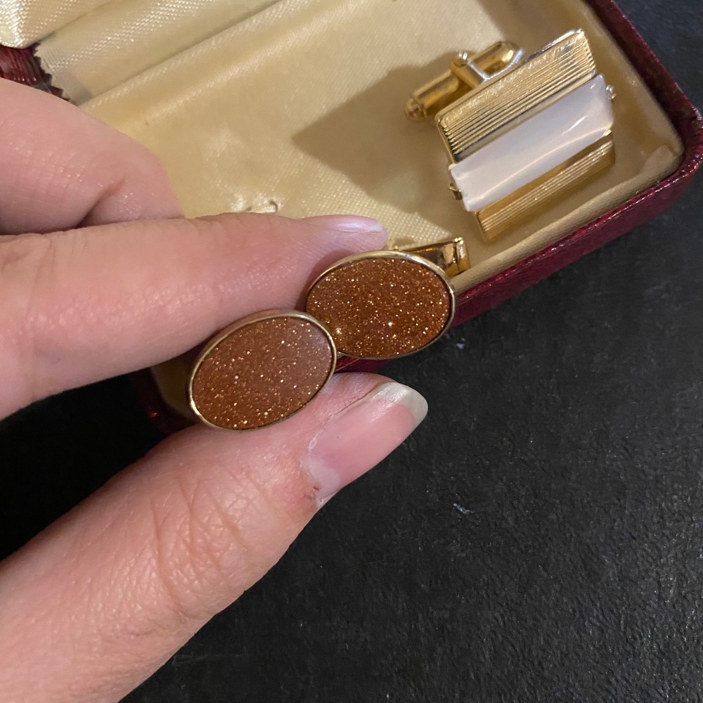 Vintage Gold Tone Oval Cufflinks Orange Shimmering Mid Century Formal